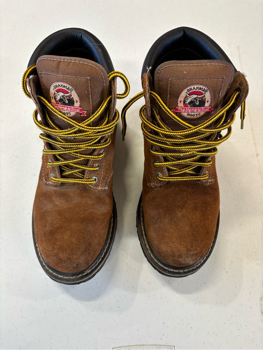 Brahma Brown Suede Work Boots with Yellow Contrast Laces